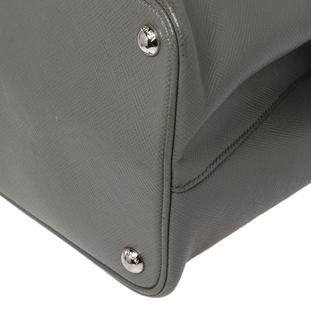 Prada Grey Saffiano Lux Leather Double Turn Lock Top Handle Bag 3