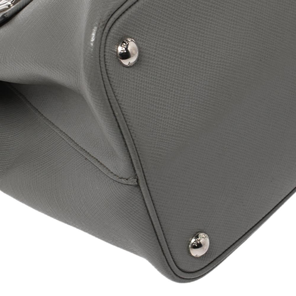 Prada Grey Saffiano Lux Leather Double Turn Lock Top Handle Bag 4