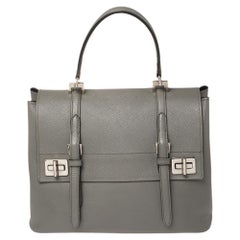 Prada Grey Saffiano Lux Leather Double Turn Lock Top Handle Bag