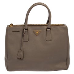 Used Prada Grey Saffiano Lux Leather Double Zip Galleria Tote Bag