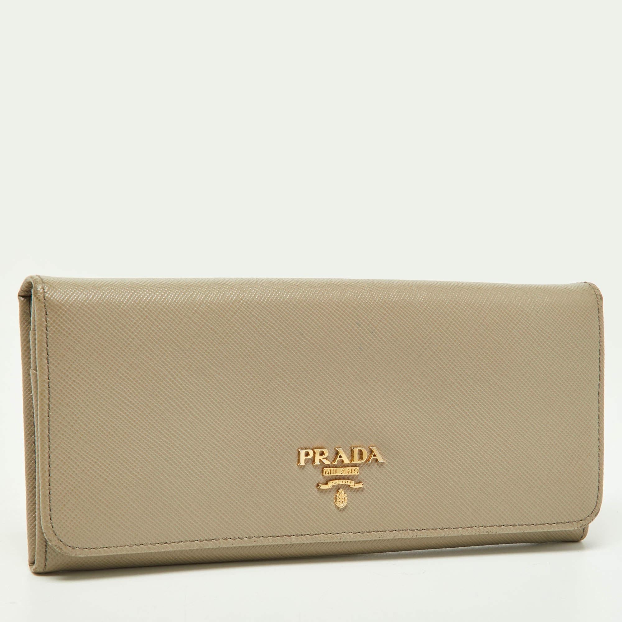Brown Prada Grey Saffiano Lux Leather Flap Continental Wallet