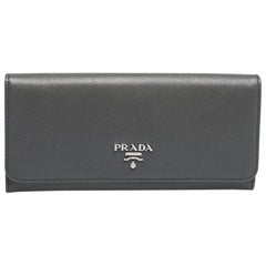 Prada Grey Saffiano Lux Leather Flap Continental Wallet