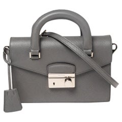 Used Prada Grey Saffiano Lux Leather Flap Crossbody Bag