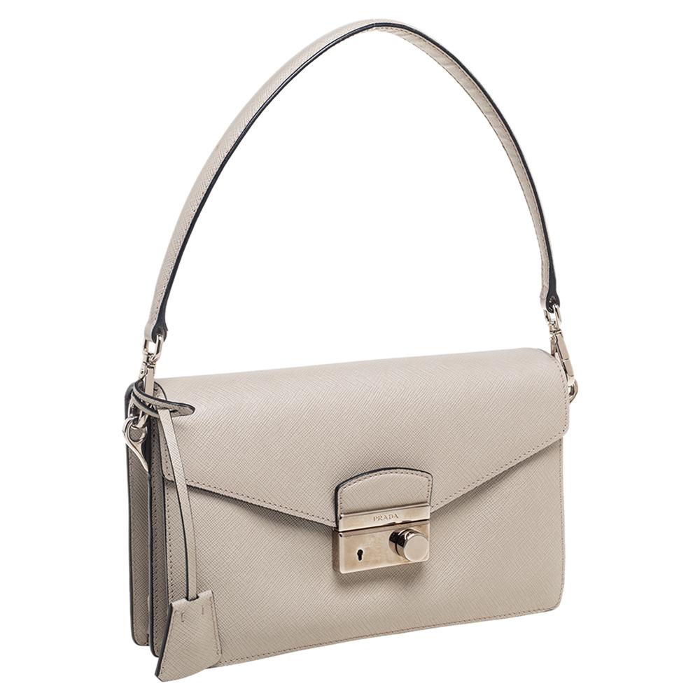 Beige Prada Grey Saffiano Lux Leather Mini Sound Flap Bag