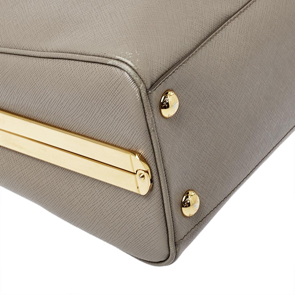 Prada Grey Saffiano Lux Leather Pyramid Frame Satchel 2