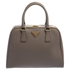 Prada Grey Saffiano Lux Leather Pyramid Frame Satchel