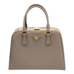 Prada Grey Saffiano Lux Leather Pyramid Frame Satchel
