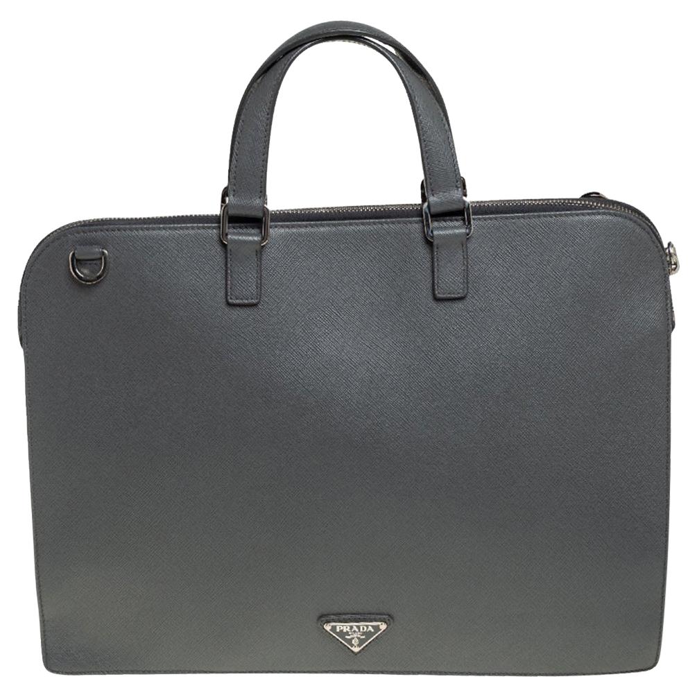 Prada Grey Saffiano Lux Leather Travel Briefcase