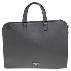 Prada Grey Saffiano Lux Leather Travel Briefcase