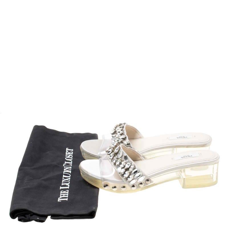 Women's Prada Grey Satin And PVC Crystal Embellished Platform Slides Size 36