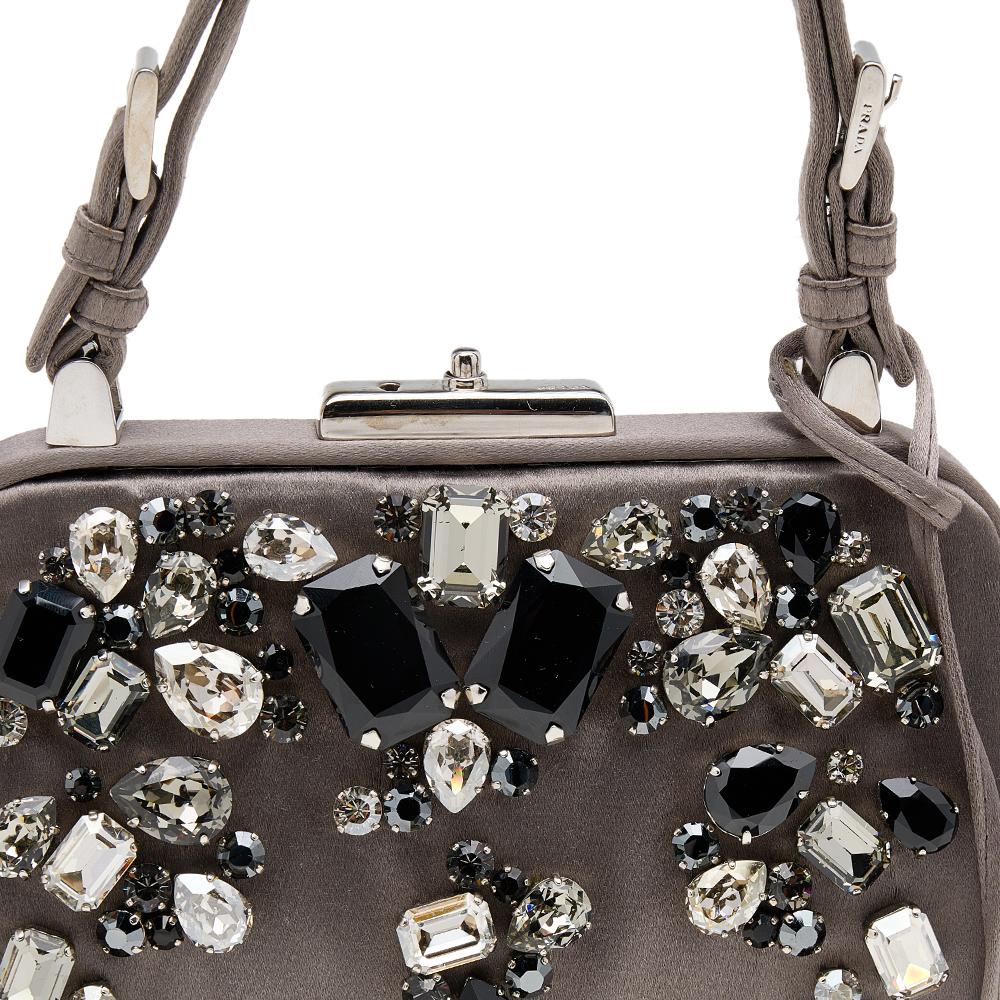 Gray Prada Grey Satin Crystal Embellished Frame Top Handle Bag