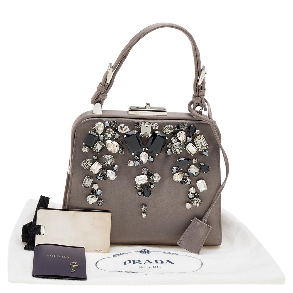 Women's Prada Grey Satin Crystal Embellished Frame Top Handle Bag