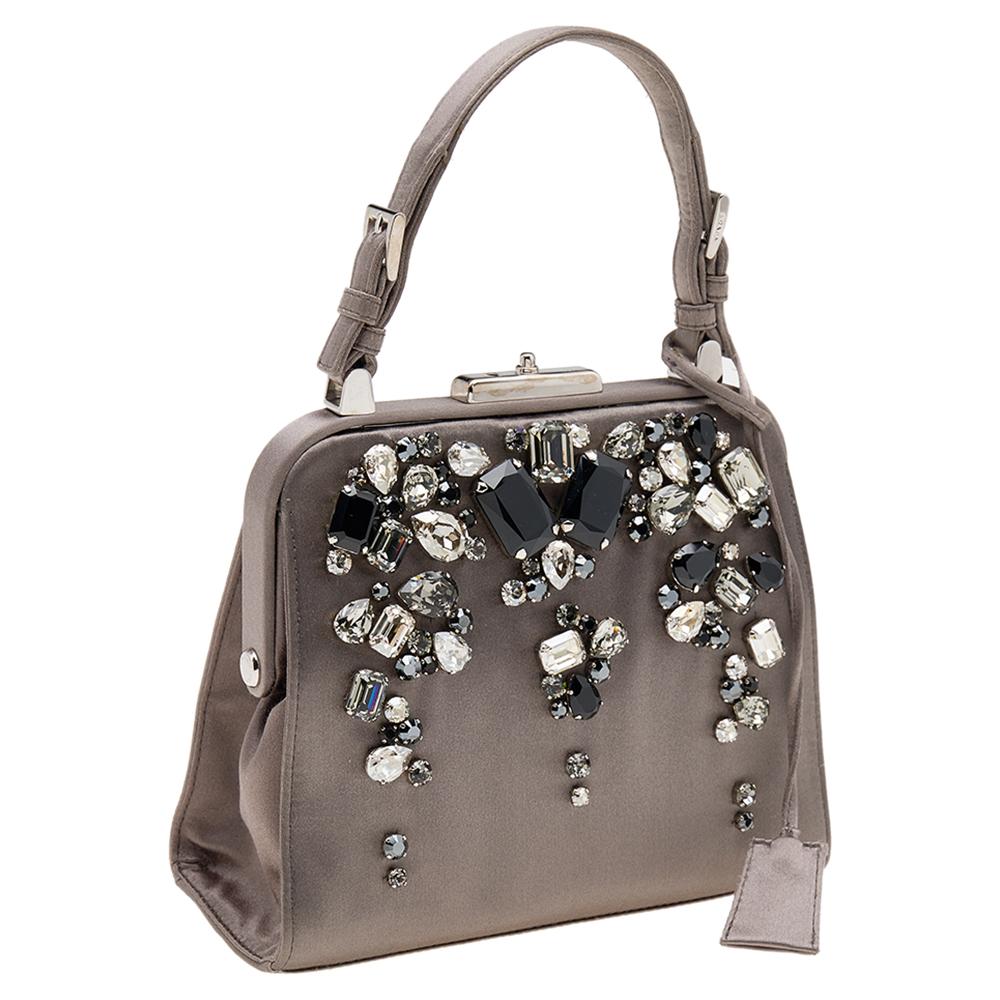 Prada Grey Satin Crystal Embellished Frame Top Handle Bag 1