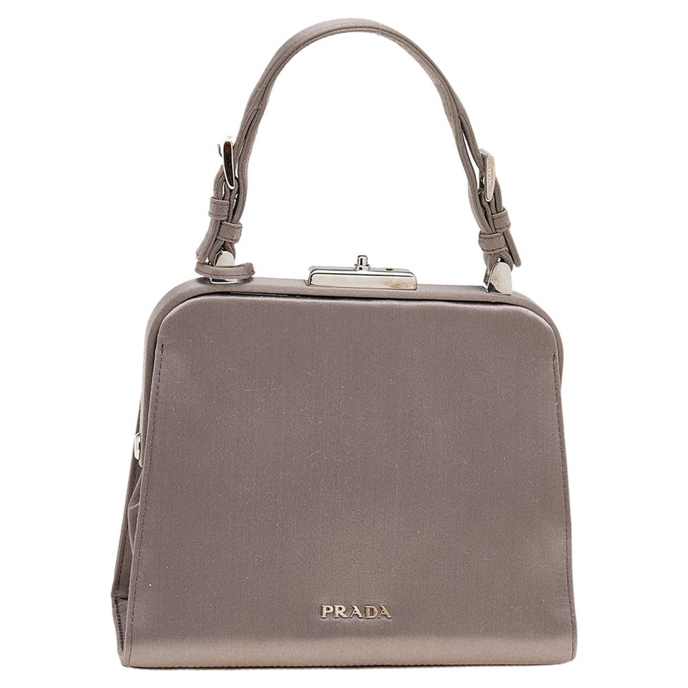 Prada Grey Satin Crystal Embellished Frame Top Handle Bag 2