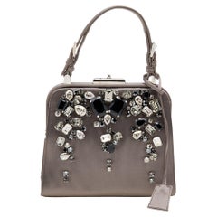 Prada Grey Satin Crystal Embellished Frame Top Handle Bag