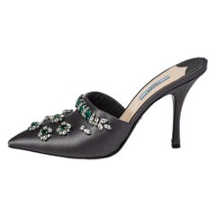 Prada Grey Satin Crystal Embellished Mule Sandals Size 38.5