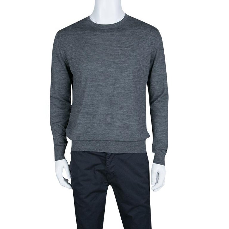 Prada Grey Slub Knit Long Sleeve Crew Neck Sweater L For Sale at 1stDibs