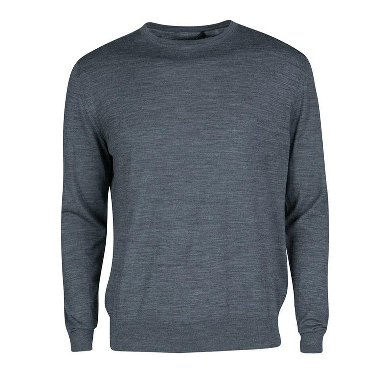 Prada Grey Slub Knit Long Sleeve Crew Neck Sweater L For Sale at 1stDibs