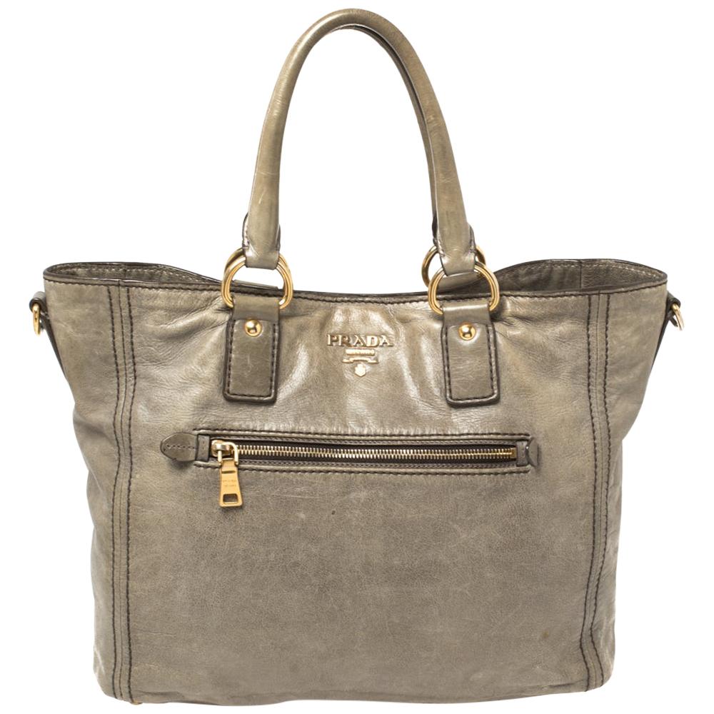 Prada Grey Soft Leather Front Zip Tote