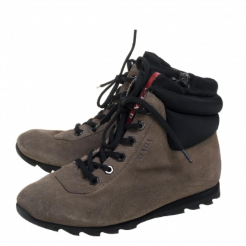 Black Prada Grey Suede And Fabric Lace Up High Top Sneakers Size 35 For Sale