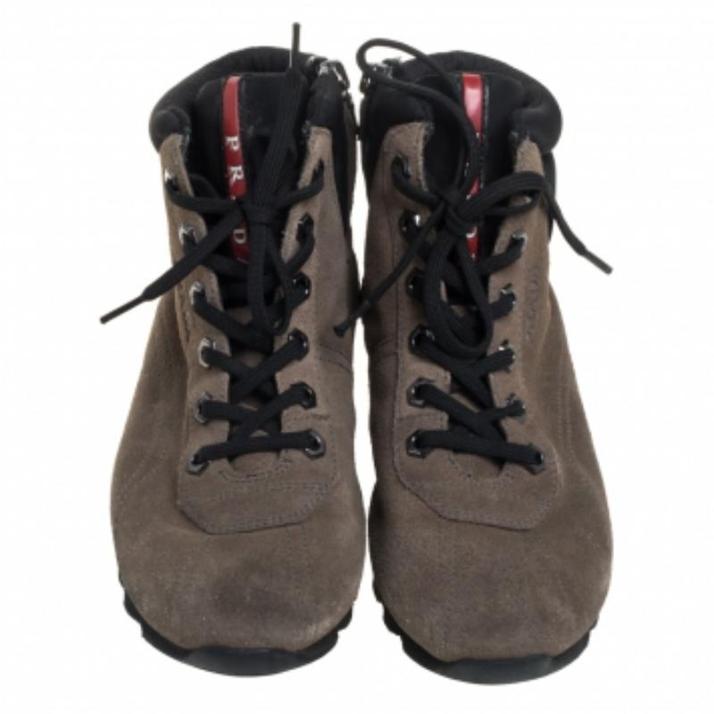 Prada Grey Suede And Fabric Lace Up High Top Sneakers Size 35 For Sale 1