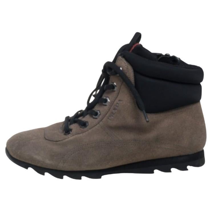 Prada Grey Suede And Fabric Lace Up High Top Sneakers Size 35 For Sale
