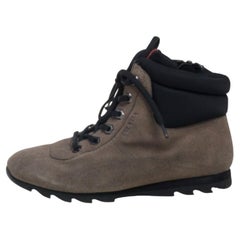 Prada Grey Suede And Fabric Lace Up High Top Sneakers Size 35