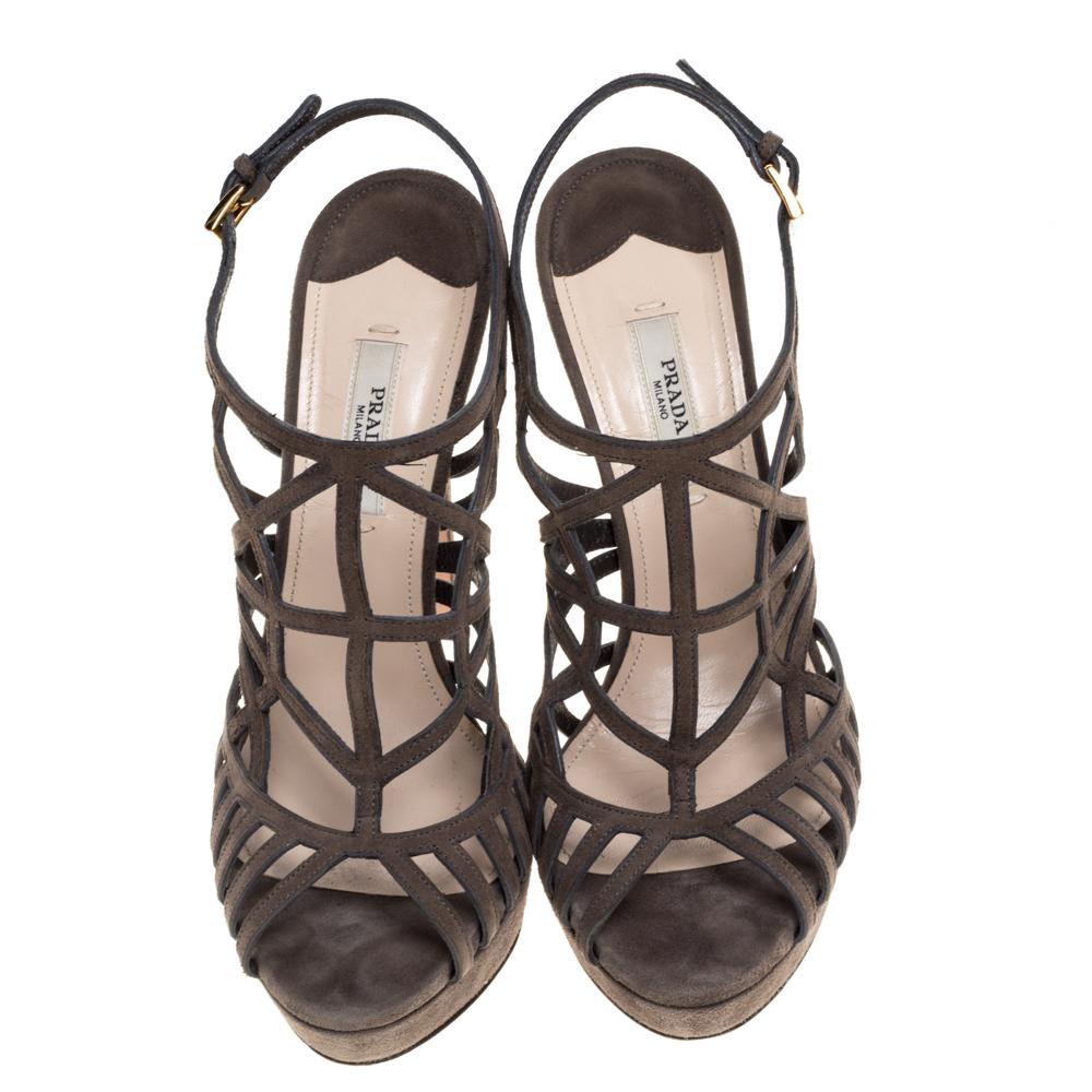 Prada Grey Suede Caged Peep Toe Platform Slingback Sandals Size 38 at ...