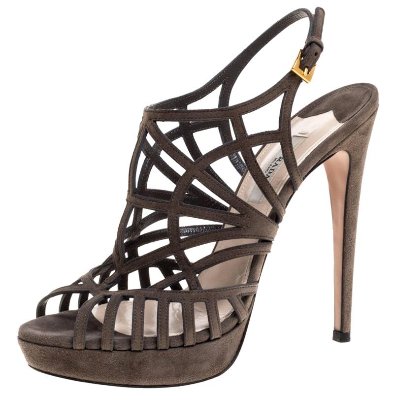 Prada Grey Suede Caged Peep Toe Platform Slingback Sandals Size 38 at ...