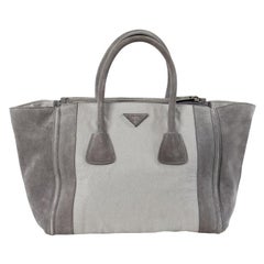 PRADA grey suede & canvas TWIN POCKET Tote Bag