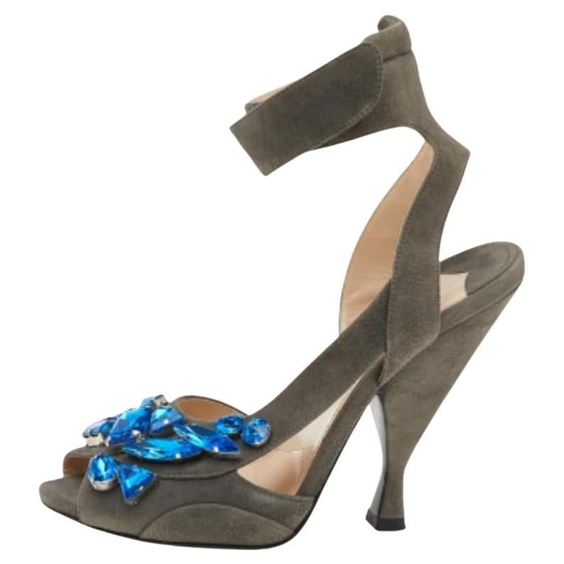 Prada Grey Suede Crystal Embellished Ankle Strap Sandals Size 38