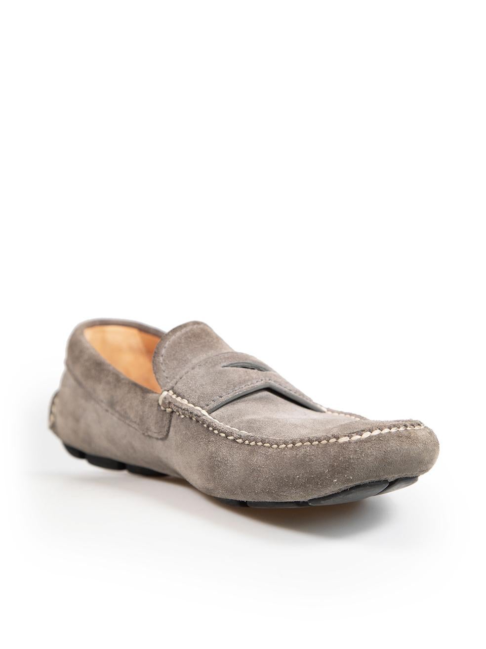 CONDITION is Very good. Minimal wear to shoes is evident. Minimal wear to the topline and tongue of both pairs. Light discolouration on the tips and counter of both shoes on this used Prada designer resale item.
 
 Details
 Grey
 Suede
 Loafers
