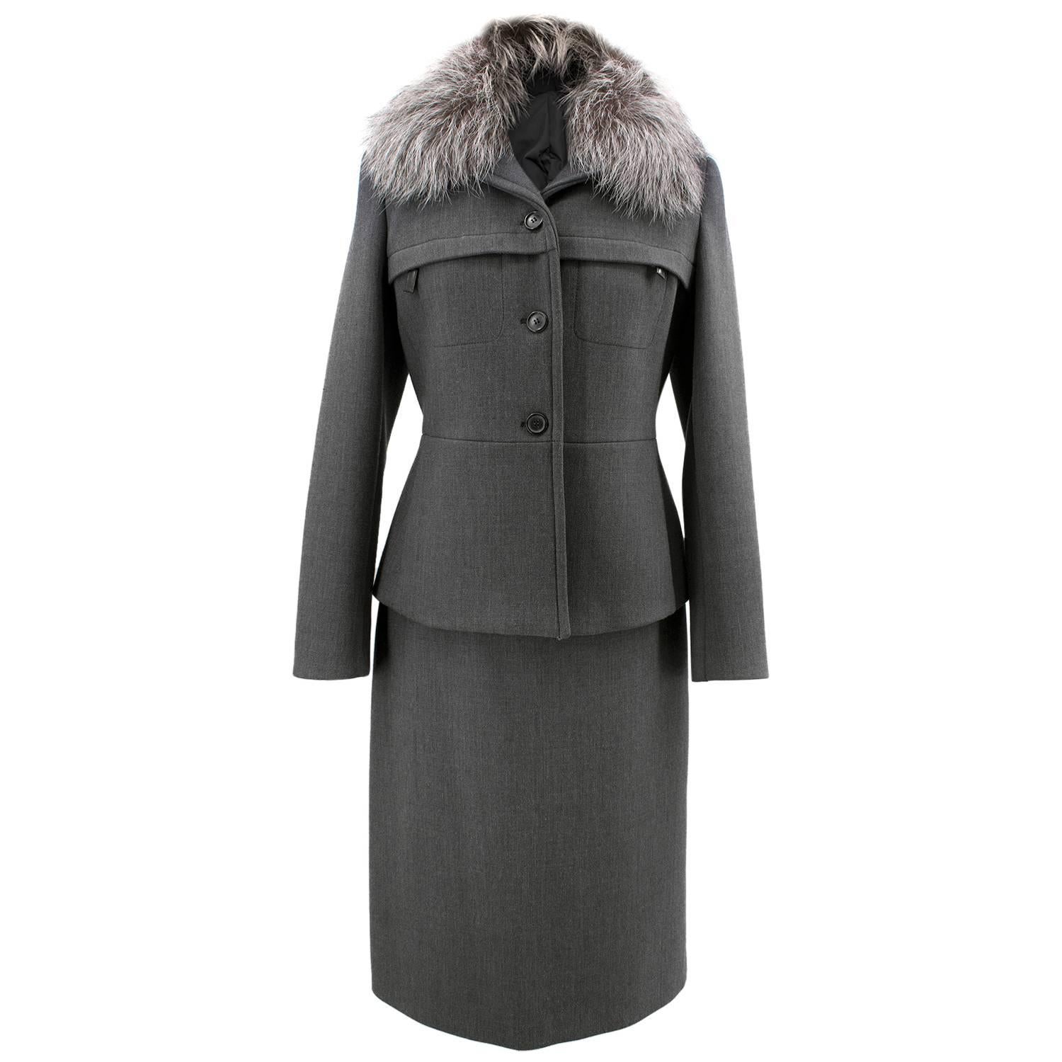 Prada Grey Suit Jacket with Fur Collar and Skirt - Size US 6  For Sale