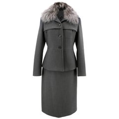 Prada Grey Suit Jacket with Fur Collar and Skirt - Size US 6 