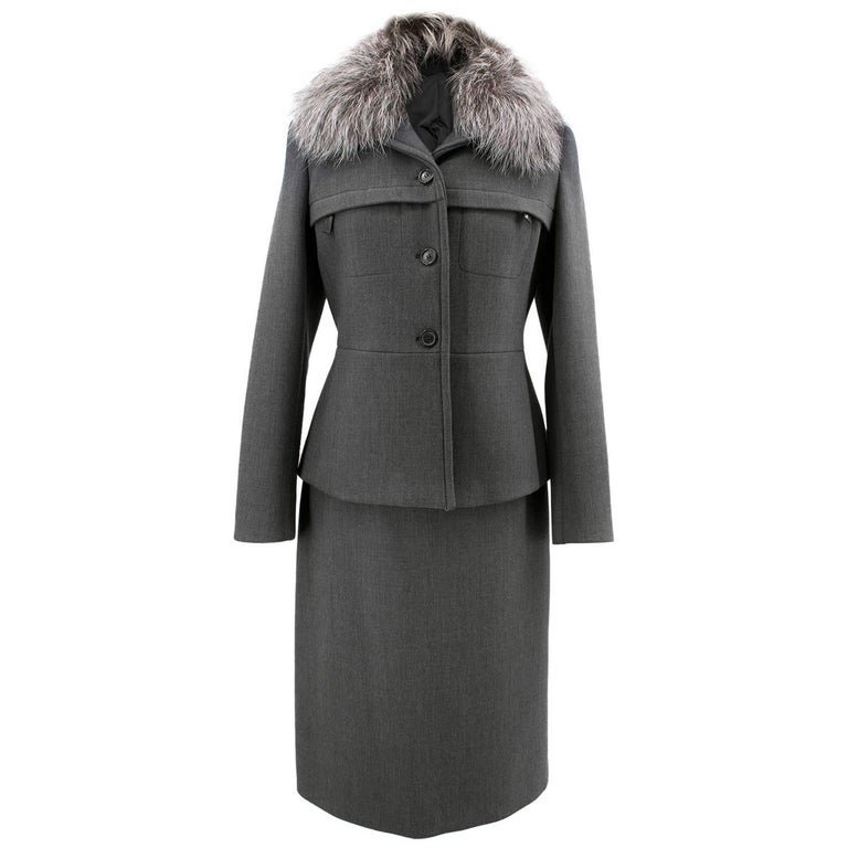 Prada Grey Suit Jacket with Fur Collar and Skirt Size US 6 For Sale
