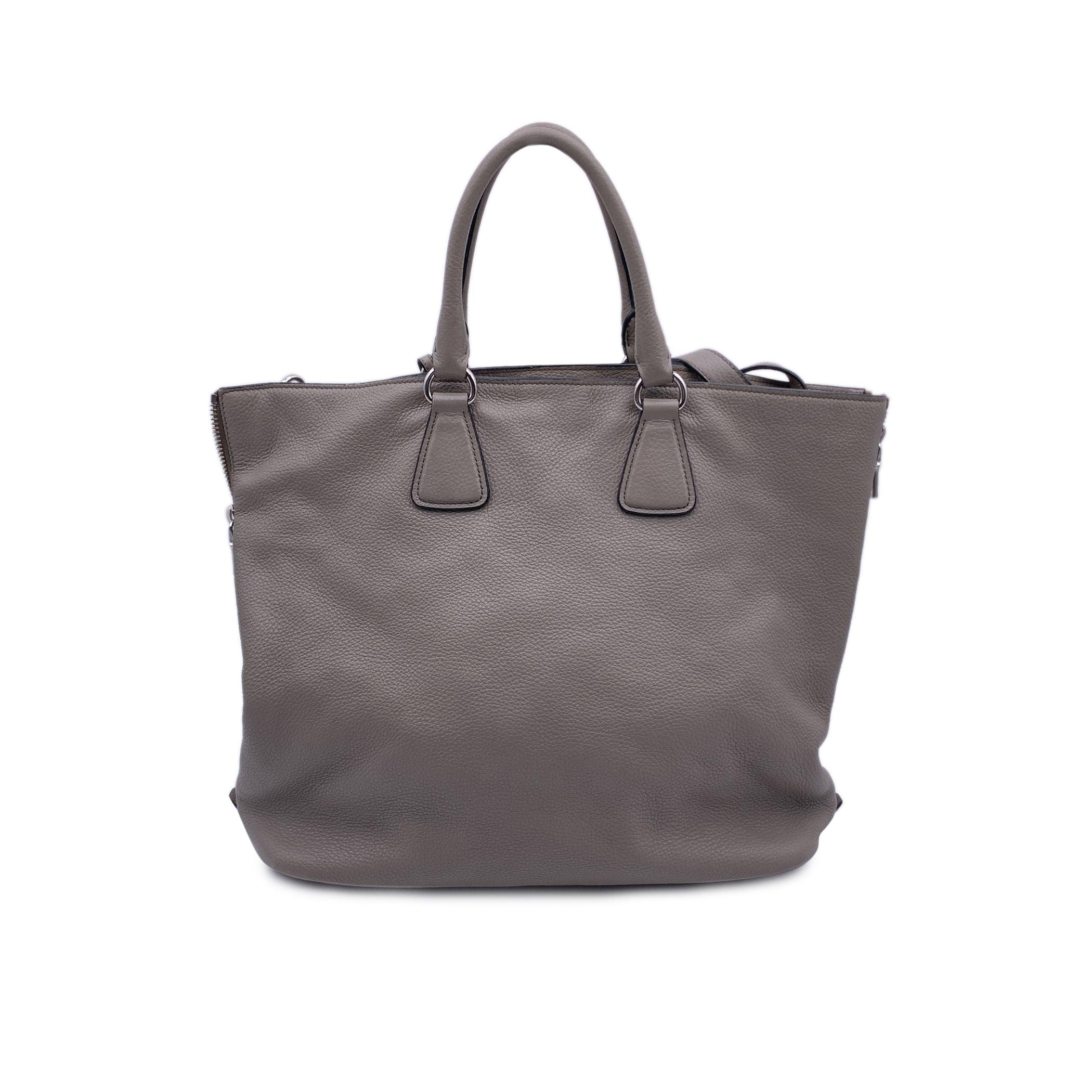 Gray Prada Grey Taupe Leather Tote Satchel Bag with Strap BN2419 For Sale