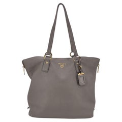 Prada Grey Taupe Leather Tote Satchel Shopping Bag