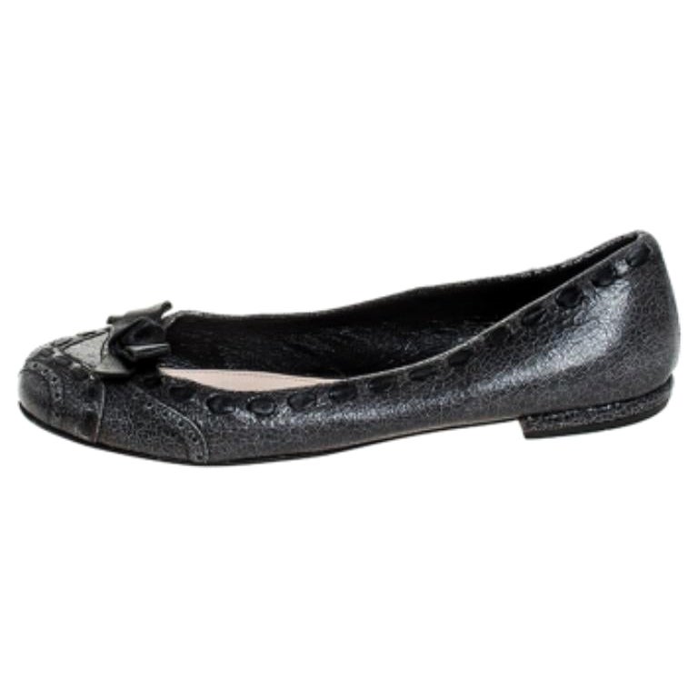 Prada Grey Textured Leather Bow Ballet Flats Size 39.5