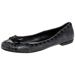 Used Prada Grey Textured Leather Bow Ballet Flats Size 39.5