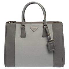 Prada Grey Two Tone Saffiano Lux Leather Large Double Zip Tote