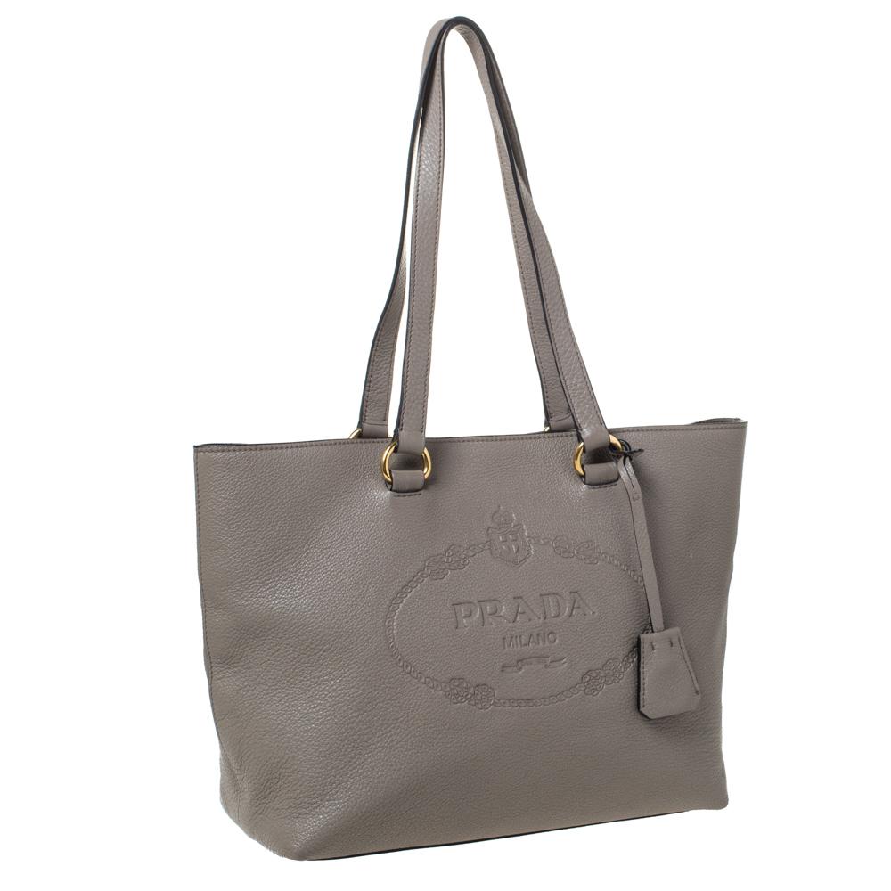 Gray Prada Grey Vitello Daino Leather Logo Embossed Tote