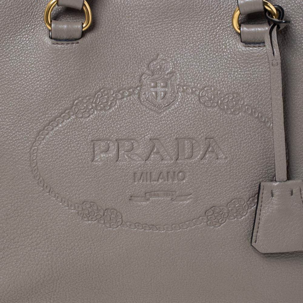 Women's Prada Grey Vitello Daino Leather Logo Embossed Tote