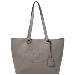 Prada Grey Vitello Daino Leather Logo Embossed Tote