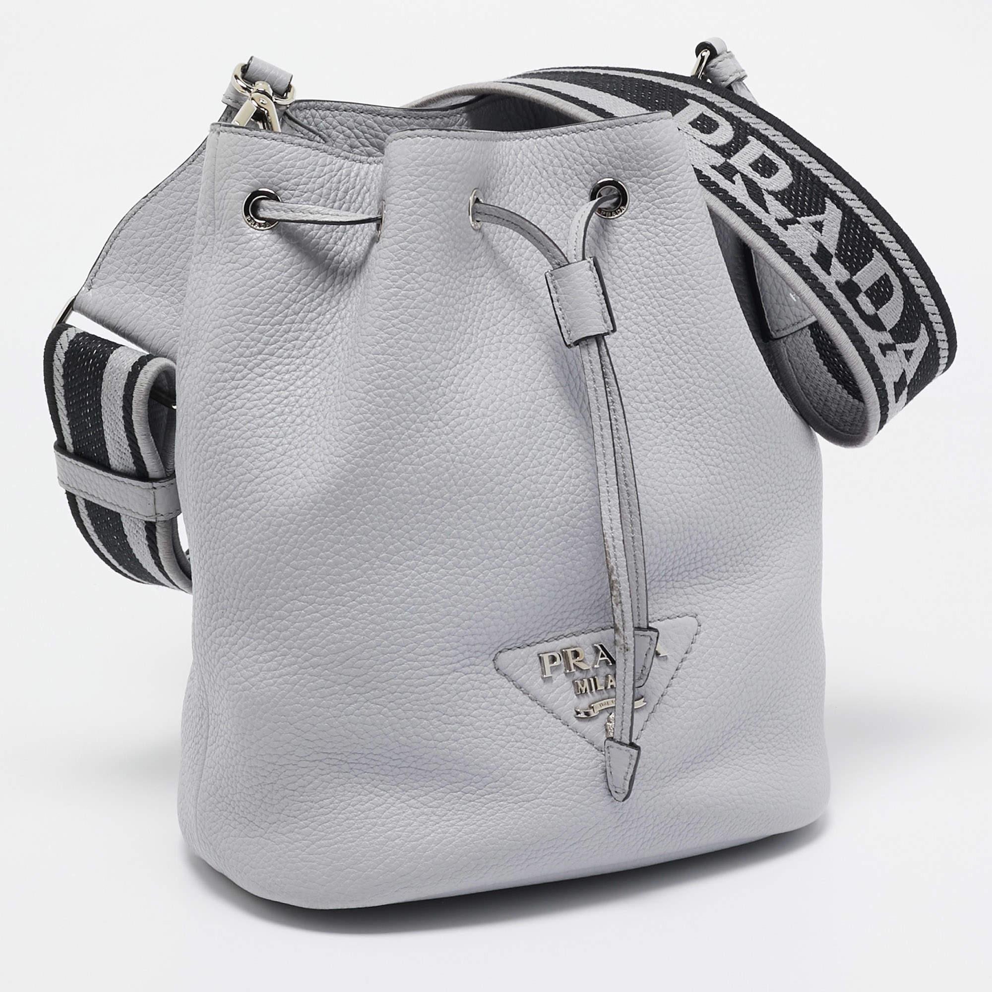 Gray Prada Grey Vitello Daino Soft Leather Bucket Bag