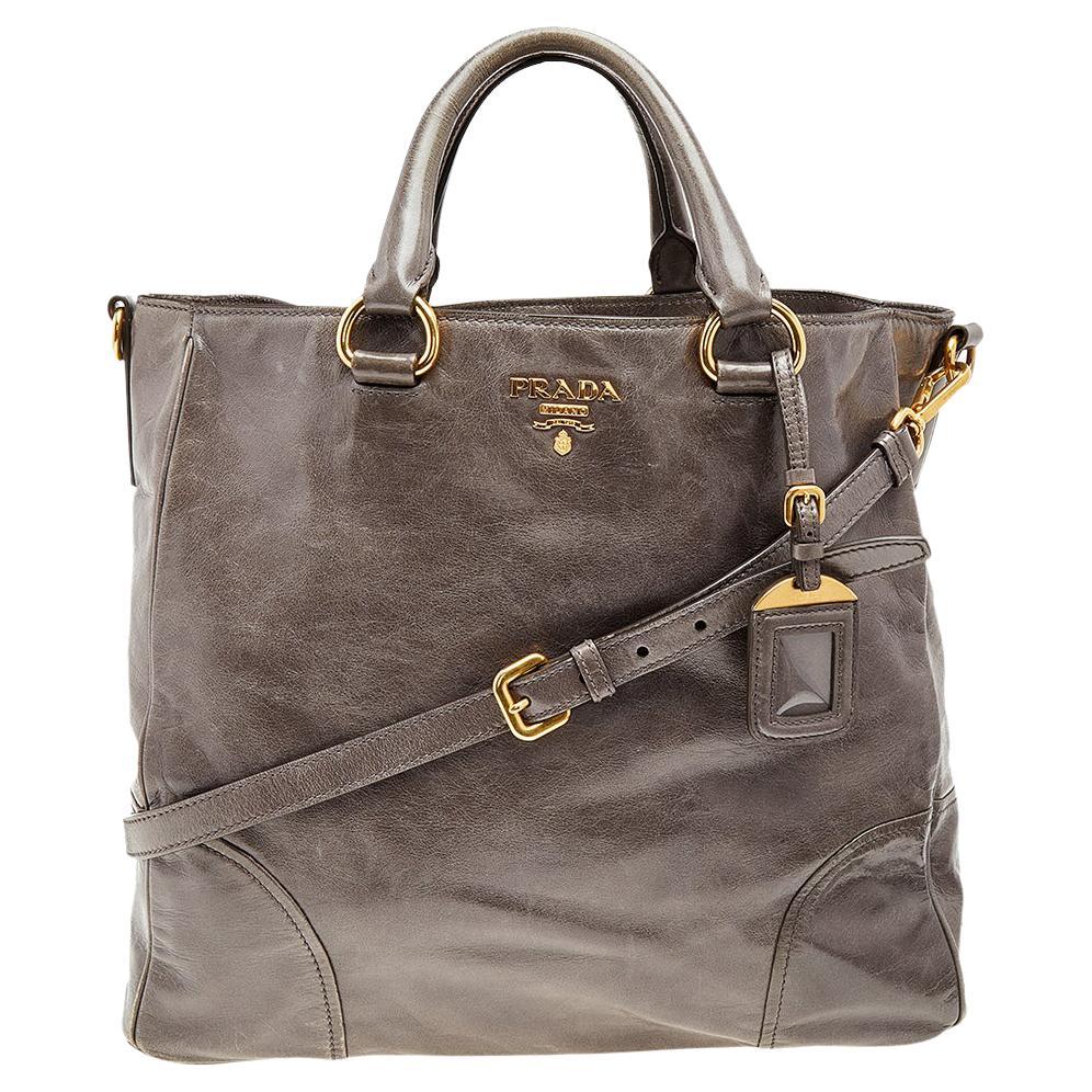 Prada Grey Vitello Shine Leather Top Handle Bag at 1stDibs