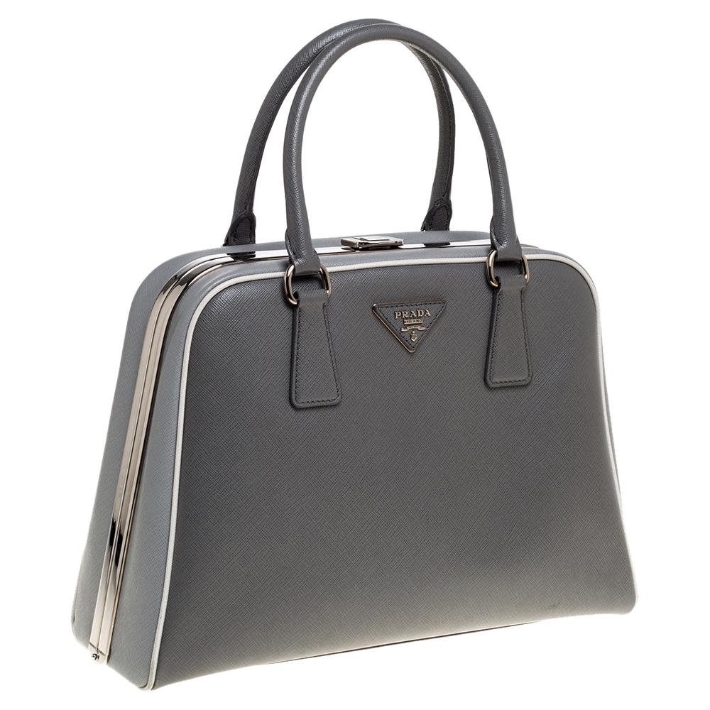 Prada Grey/White Saffiano Lux Leather Pyramid Frame Satchel In Good Condition In Dubai, Al Qouz 2