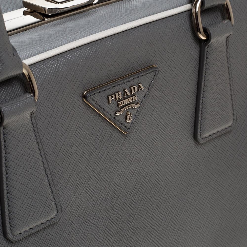 Prada Grey/White Saffiano Lux Leather Pyramid Frame Satchel 1