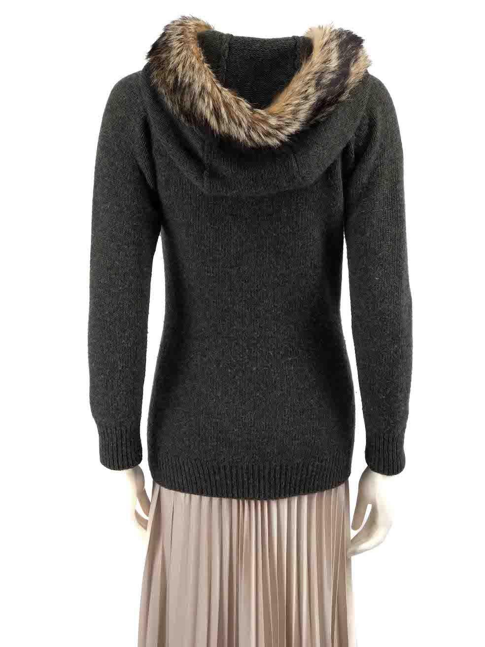Women's Prada Grey Wool Fur Trim Hooded Knit Cardigan Size XS For Sale