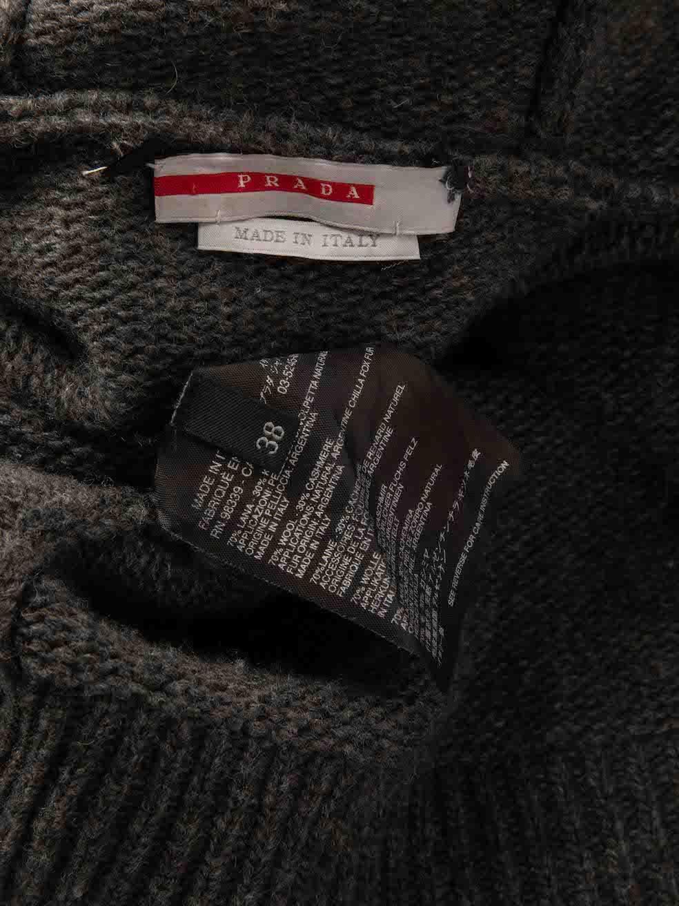 Prada Grey Wool Fur Trim Hooded Knit Cardigan Size XS For Sale 1