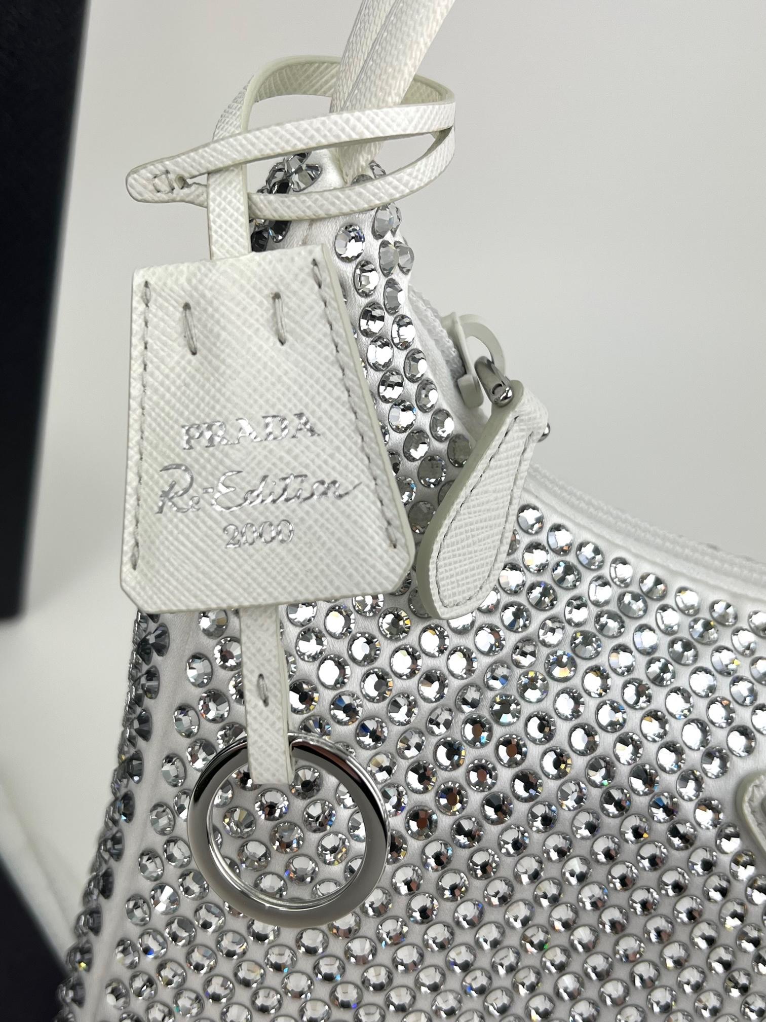 Prada Hand Bag Re Edition 2000 Satin White Mini-Bag with Crystals Bag New 5